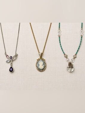 3 Necklace Lot Cameo Turtle Pendant LBVYR Rhinestone Fashion Jewelry